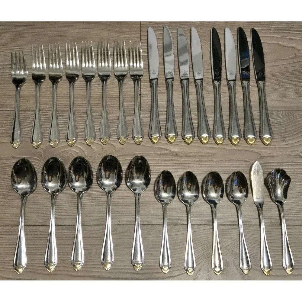 Pfatlzgraff 27 Pc Flatware Set 18/8 Gold /‎ Silver Tone Spoons, Knives, Forks